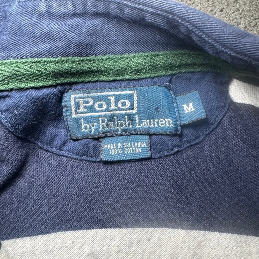 Polo Ralph Lauren Mens Medium Navy White Striped Pique Polo Shirt Yellow Pony